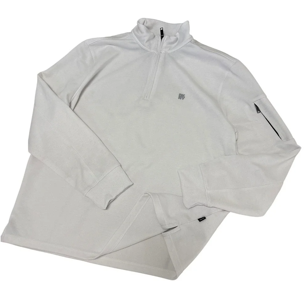 DKNY Sport Mens White Quarter Zip Pullover Sweater XL Zipper Sleeve Pocket